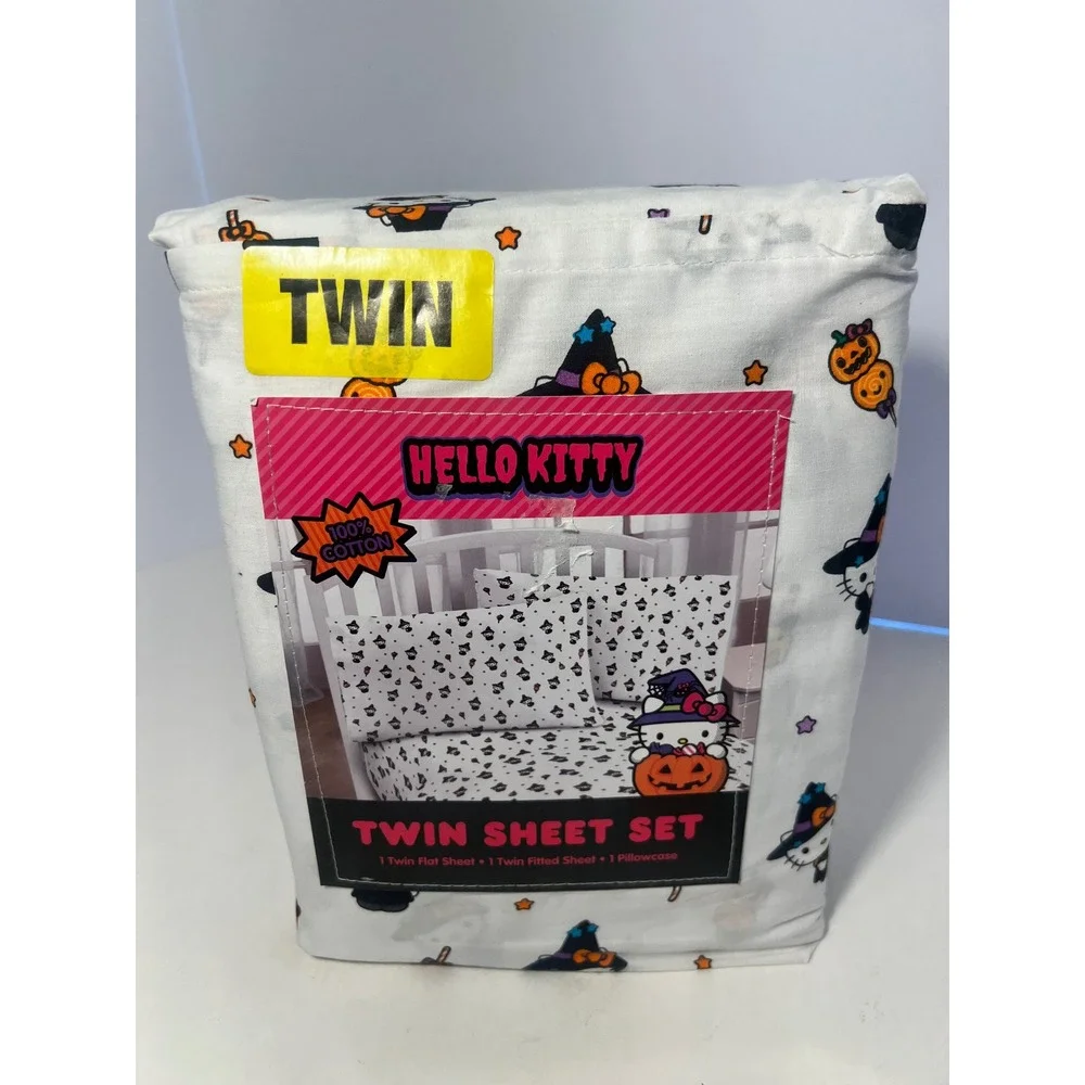 Hello Kitty Halloween Witch Twin Sheet Set 3pc 100% Cotton Pumpkins Fall